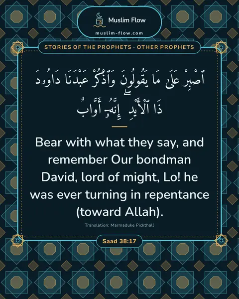 Saad 38:17: Bear with what they say, and remember Our bondman David, lord of might, Lo! he was ever turning in…