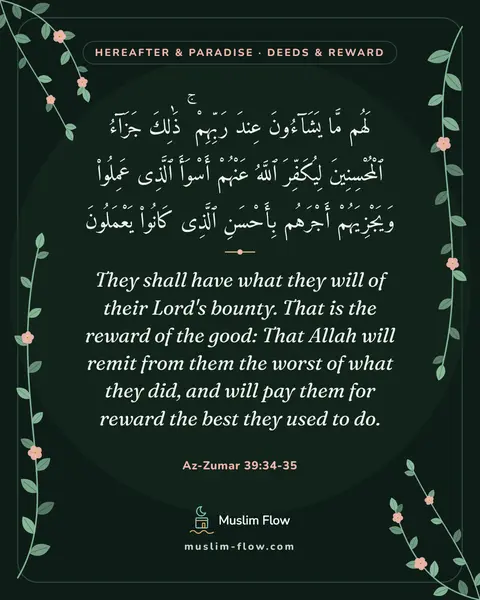 Az-Zumar 39:34-35: They shall have what they will of their Lord's bounty. That is the reward of the good: That Allah…
