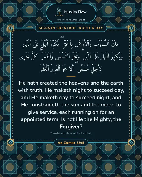Az-Zumar 39:5: He hath created the heavens and the earth with truth. He maketh night to succeed day, and He maketh…