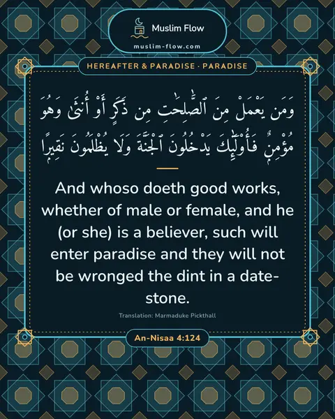 An-Nisaa 4:124: And whoso doeth good works, whether of male or female, and he (or she) is a believer, such will…