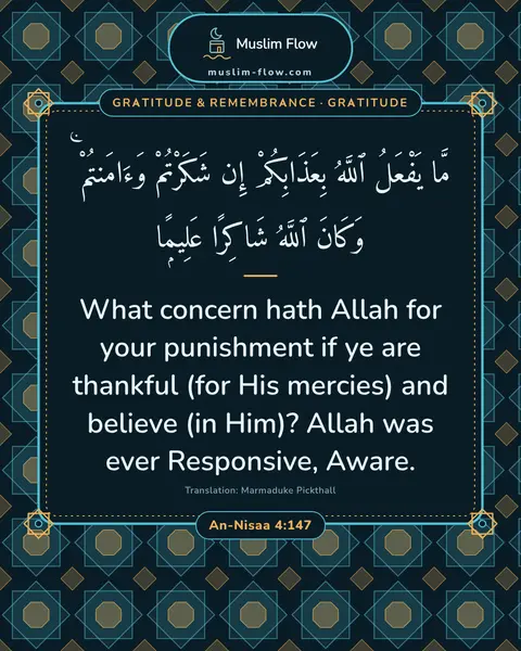 An-Nisaa 4:147: What concern hath Allah for your punishment if ye are thankful (for His mercies) and believe (in…