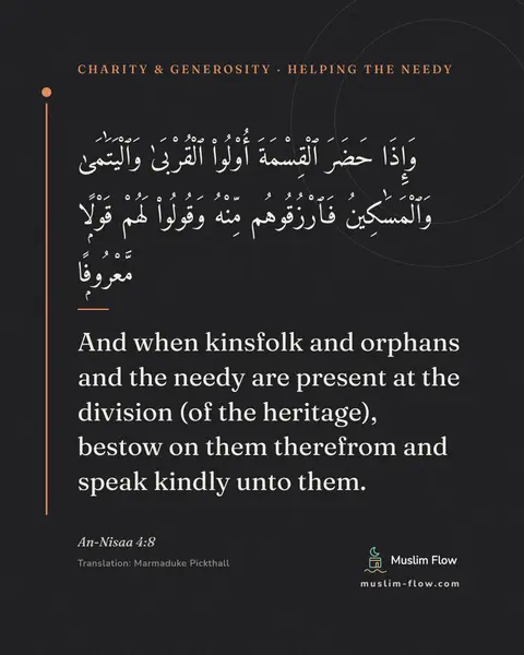 An-Nisaa 4:8: And when kinsfolk and orphans and the needy are present at the division (of the heritage), bestow…