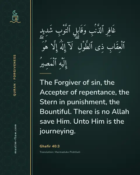 Ghafir 40:3: The Forgiver of sin, the Accepter of repentance, the Stern in punishment, the Bountiful. There is…