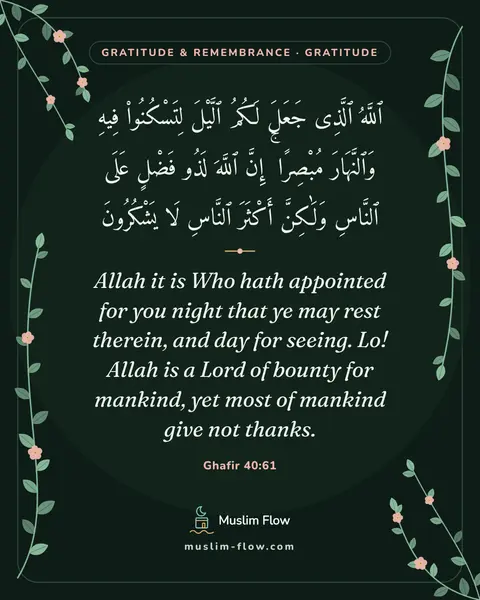 Ghafir 40:61: Allah it is Who hath appointed for you night that ye may rest therein, and day for seeing. Lo!…