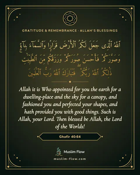 Ghafir 40:64: Allah it is Who appointed for you the earth for a dwelling-place and the sky for a canopy, and…