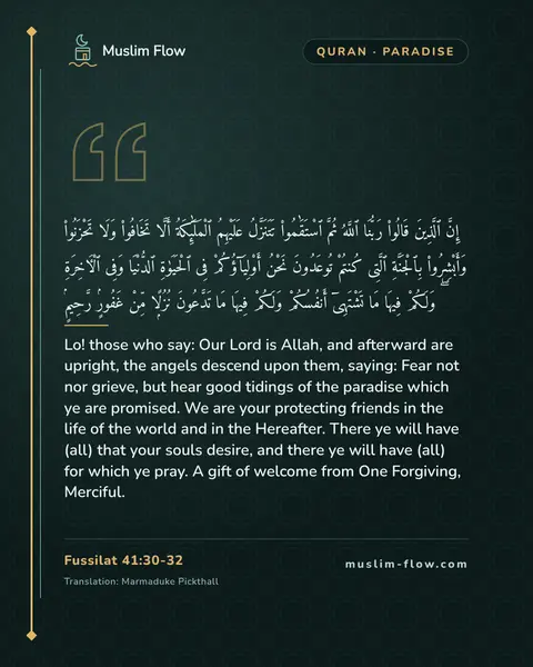 Fussilat 41:30-32: Lo! those who say: Our Lord is Allah, and afterward are upright, the angels descend upon them…