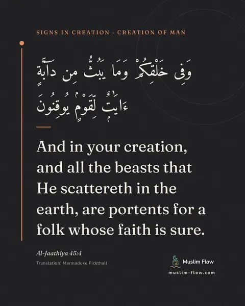 Al-Jaathiya 45:4: And in your creation, and all the beasts that He scattereth in the earth, are portents for a folk…