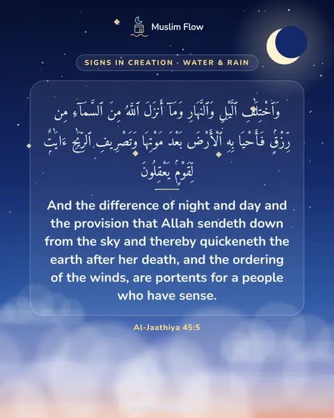 Al-Jaathiya 45:5: And the difference of night and day and the provision that Allah sendeth down from the sky and…