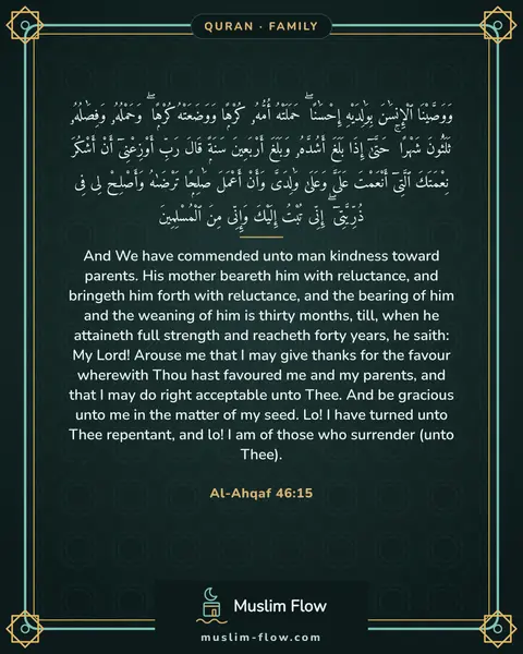 Al-Ahqaf 46:15: And We have commended unto man kindness toward parents. His mother beareth him with reluctance, and…