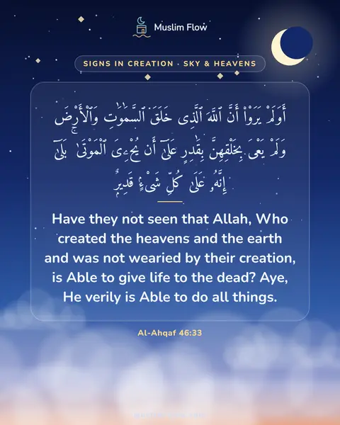 Al-Ahqaf 46:33: Have they not seen that Allah, Who created the heavens and the earth and was not wearied by their…