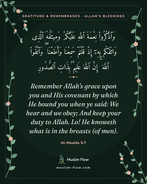 Al-Maaida 5:7: Remember Allah's grace upon you and His covenant by which He bound you when ye said: We hear and we…