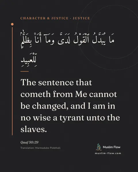 Qaaf 50:29: The sentence that cometh from Me cannot be changed, and I am in no wise a tyrant unto the slaves.