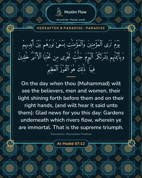 Al-Hadid 57:12: On the day when thou (Muhammad) wilt see the believers, men and women, their light shining forth…