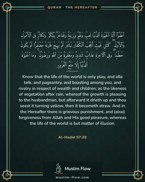 Al-Hadid 57:20: Know that the life of the world is only play, and idle talk, and pageantry, and boasting among you…