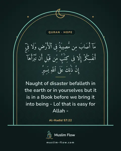 Al-Hadid 57:22: Naught of disaster befalleth in the earth or in yourselves but it is in a Book before we bring it…