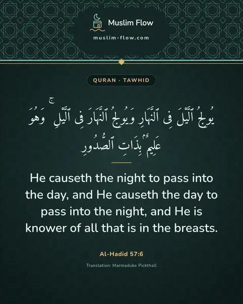 Al-Hadid 57:6: He causeth the night to pass into the day, and He causeth the day to pass into the night, and He is…