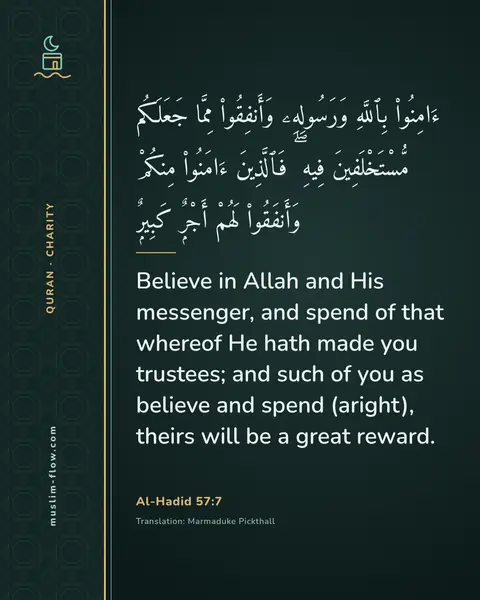 Al-Hadid 57:7: Believe in Allah and His messenger, and spend of that whereof He hath made you trustees; and such…