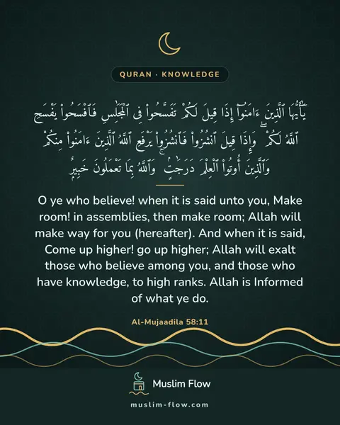 Al-Mujaadila 58:11: O ye who believe! when it is said unto you, Make room! in assemblies, then make room; Allah will…