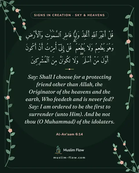 Al-An'aam 6:14: Say: Shall I choose for a protecting friend other than Allah, the Originator of the heavens and the…