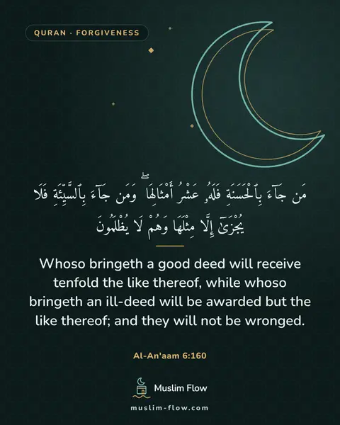 Al-An'aam 6:160: Whoso bringeth a good deed will receive tenfold the like thereof, while whoso bringeth an ill-deed…