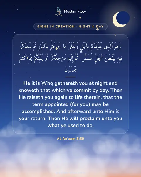 Al-An'aam 6:60: He it is Who gathereth you at night and knoweth that which ye commit by day. Then He raiseth you…