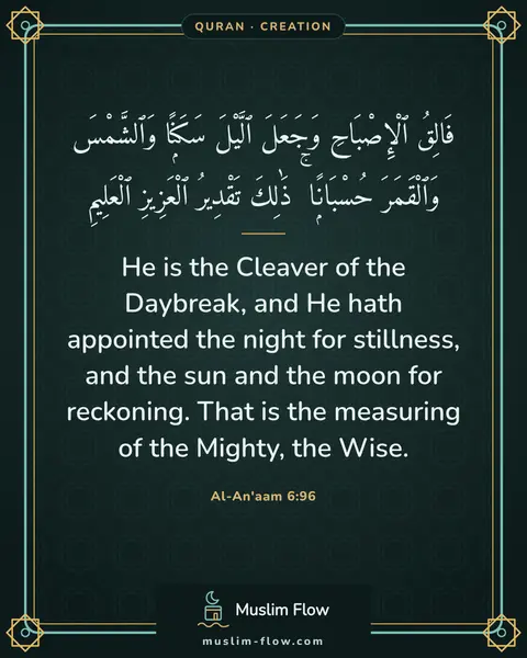 Al-An'aam 6:96: He is the Cleaver of the Daybreak, and He hath appointed the night for stillness, and the sun and…