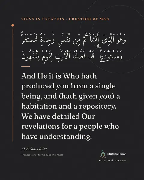 Al-An'aam 6:98: And He it is Who hath produced you from a single being, and (hath given you) a habitation and a…