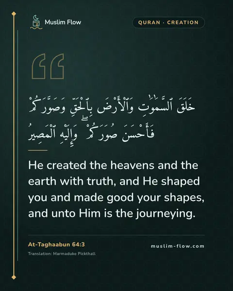 At-Taghaabun 64:3: He created the heavens and the earth with truth, and He shaped you and made good your shapes, and…