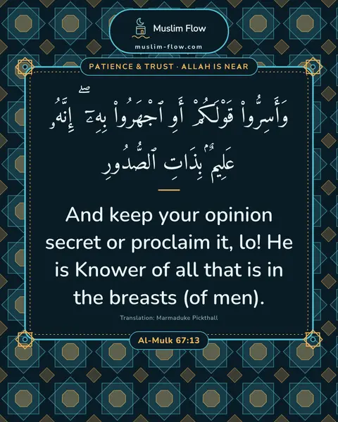 Al-Mulk 67:13: And keep your opinion secret or proclaim it, lo! He is Knower of all that is in the breasts (of…