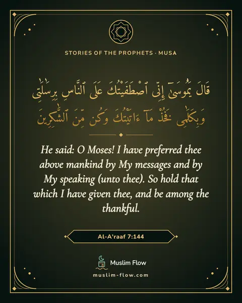 Al-A'raaf 7:144: He said: O Moses! I have preferred thee above mankind by My messages and by My speaking (unto…