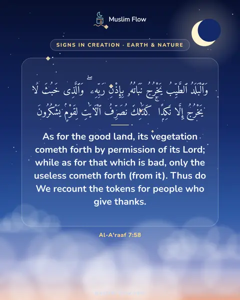 Al-A'raaf 7:58: As for the good land, its vegetation cometh forth by permission of its Lord; while as for that…