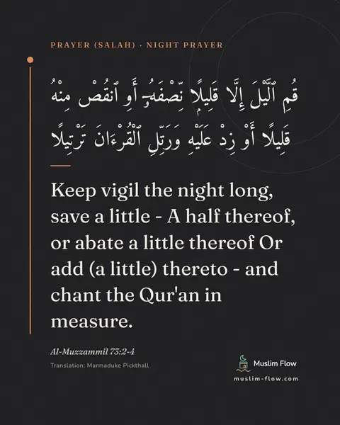 Al-Muzzammil 73:2-4: Keep vigil the night long, save a little - A half thereof, or abate a little thereof Or add (a…