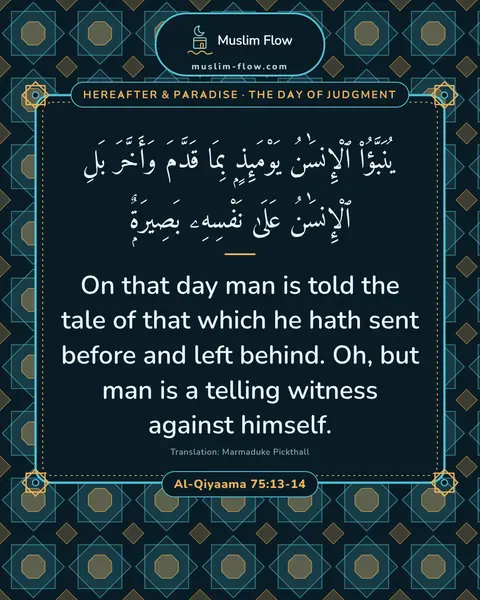 Al-Qiyaama 75:13-14: On that day man is told the tale of that which he hath sent before and left behind. Oh, but man is…