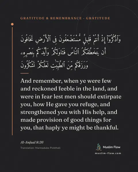 Al-Anfaal 8:26: And remember, when ye were few and reckoned feeble in the land, and were in fear lest men should…