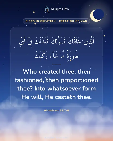 Al-Infitaar 82:7-8: Who created thee, then fashioned, then proportioned thee? Into whatsoever form He will, He casteth…