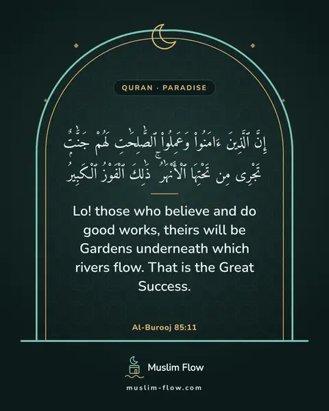 Al-Burooj 85:11: Lo! those who believe and do good works, theirs will be Gardens underneath which rivers flow. That…