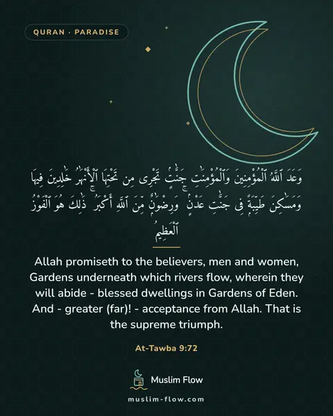 At-Tawba 9:72: Allah promiseth to the believers, men and women, Gardens underneath which rivers flow, wherein they…
