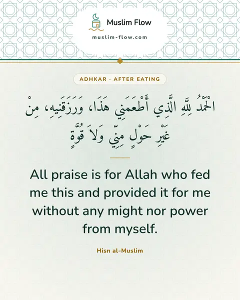 Invocations after eating: All praise is for Allah who fed me this and provided it for me without any might nor power from…