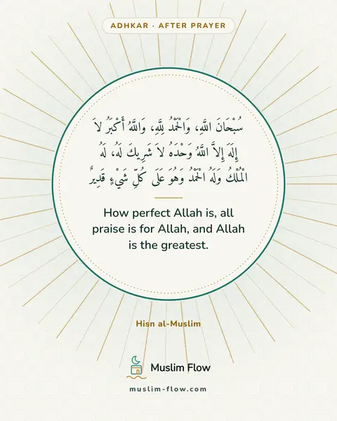 What to say after completing the prayer: How perfect Allah is, all praise is for Allah, and Allah is the greatest.