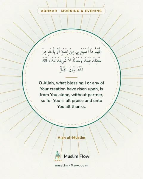 Words of remembrance for morning and evening: O Allah, what blessing I or any of Your creation have risen upon, is from You alone, without…
