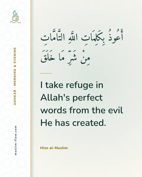 Words of remembrance for morning and evening: I take refuge in Allah's perfect words from the evil He has created.