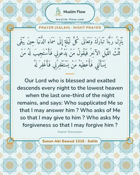 Sunan Abi Dawud 1315 · Sahih: Our Lord who is blessed and exalted descends every night to the lowest heaven when the last…