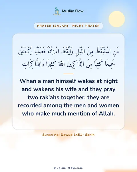 Sunan Abi Dawud 1451 · Sahih: When a man himself wakes at night and wakens his wife and they pray two rak'ahs together, they are…