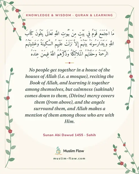 Sunan Abi Dawud 1455 · Sahih: No people get together in a house of the houses of Allah (i.e. a mosque), reciting the Book of…