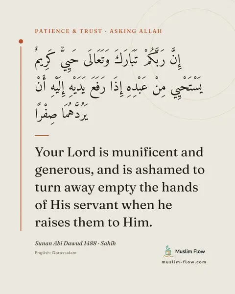 Sunan Abi Dawud 1488 · Sahih: Your Lord is munificent and generous, and is ashamed to turn away empty the hands of His servant…