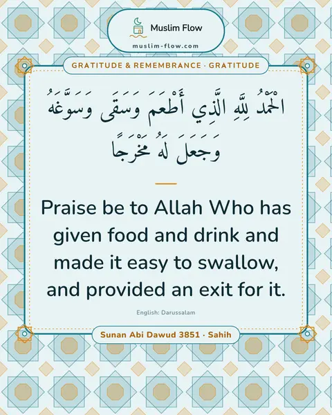 Sunan Abi Dawud 3851 · Sahih: Praise be to Allah Who has given food and drink and made it easy to swallow, and provided an exit…