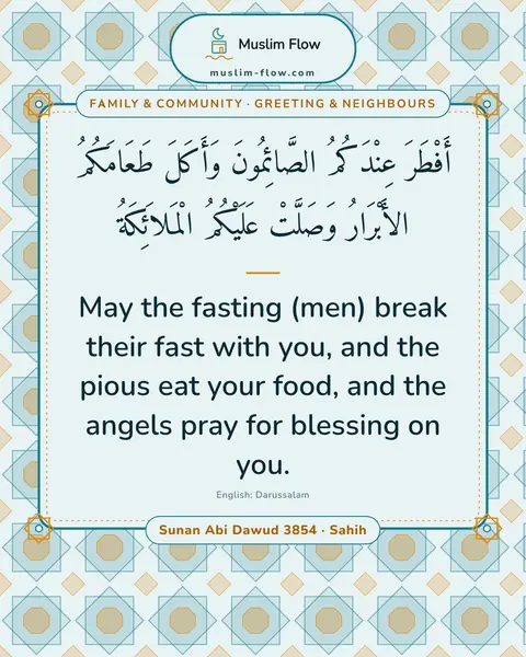 Sunan Abi Dawud 3854 · Sahih: May the fasting (men) break their fast with you, and the pious eat your food, and the angels pray…