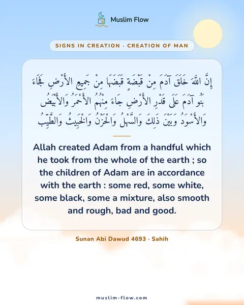 Sunan Abi Dawud 4693 · Sahih: Allah created Adam from a handful which he took from the whole of the earth ; so the children of…