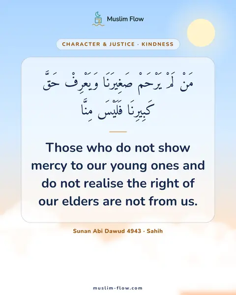 Sunan Abi Dawud 4943 · Sahih: Those who do not show mercy to our young ones and do not realise the right of our elders are not…