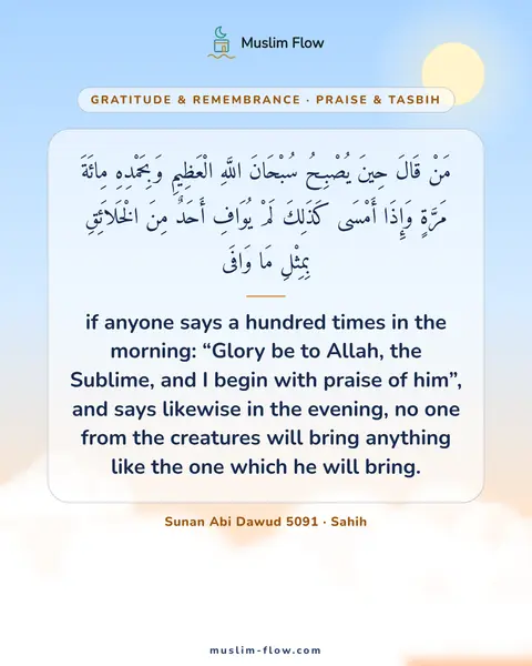 Sunan Abi Dawud 5091 · Sahih: if anyone says a hundred times in the morning: “Glory be to Allah, the Sublime, and I begin with…